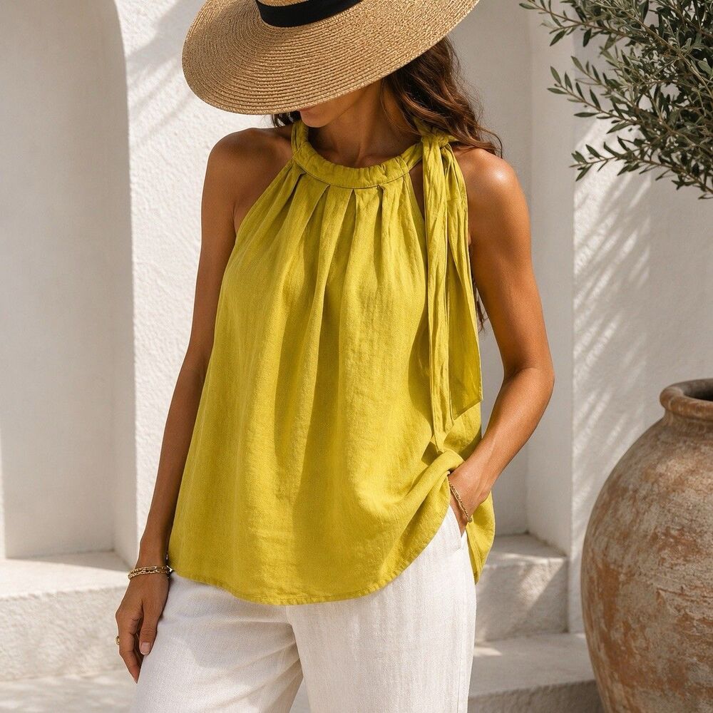 Bellambra Italy 100% Linen Pleated Halter Tie Neck Tunic Top Yellow S